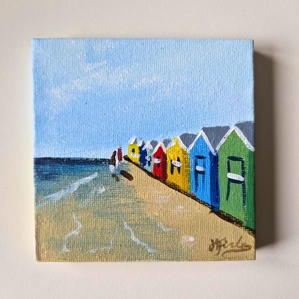 Handpainted Original Beach Hut Painting - Magnetic Canvas 4x4 inches Acrylic