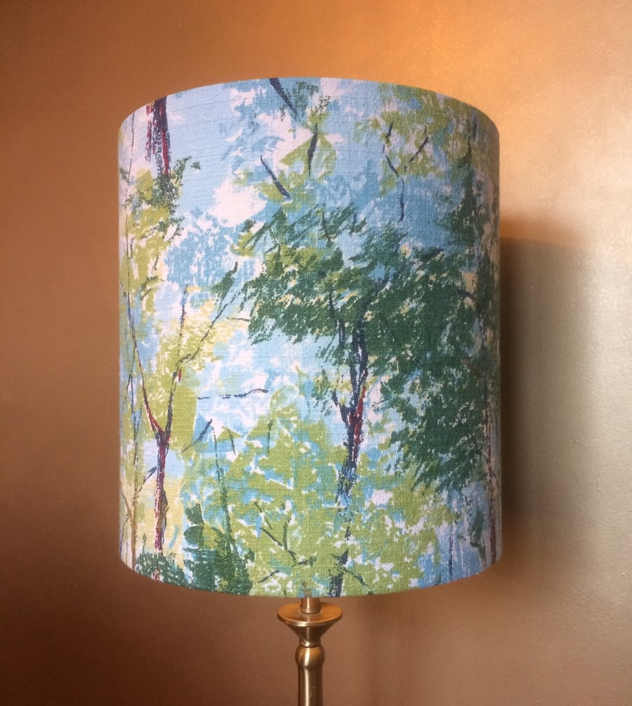 STUNNING Green Woodland Forest Retro Barkcloth VIntage Fabric Lampshade