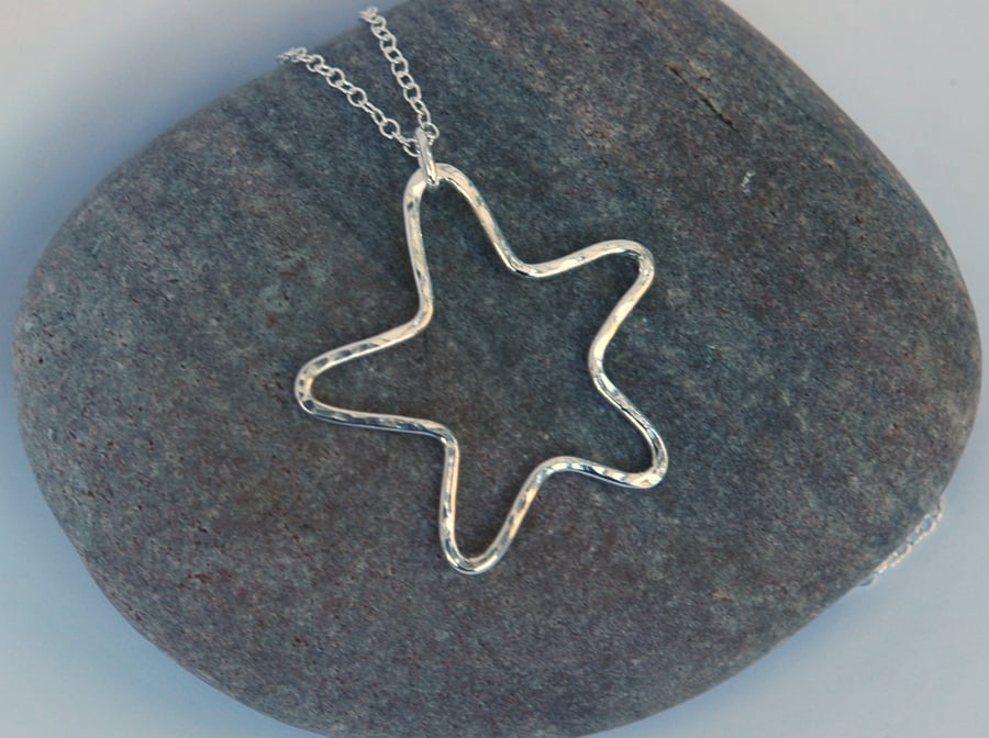 Open Star Pendant Necklace in Sterling Silver, Hammered