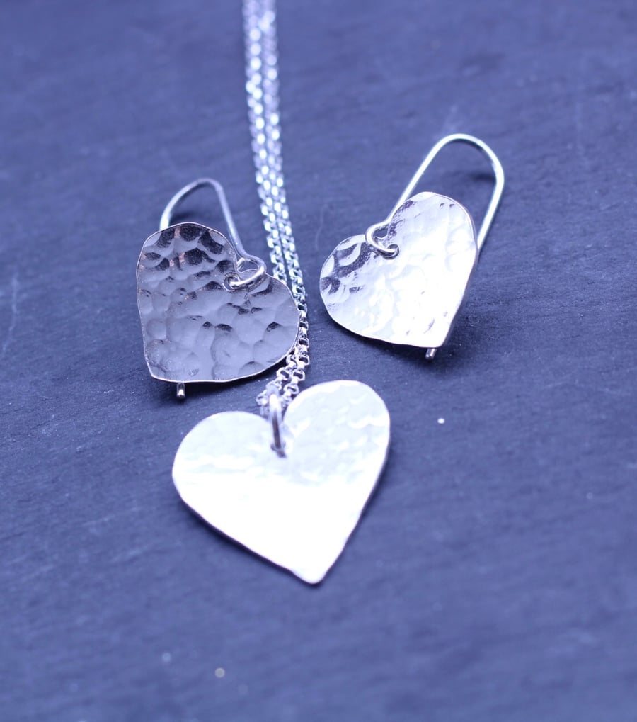 Sterling Silver Textured Heart Pendant and Drop Earring set