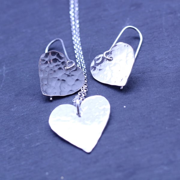 Sterling Silver Textured Heart Pendant and Drop Earring set