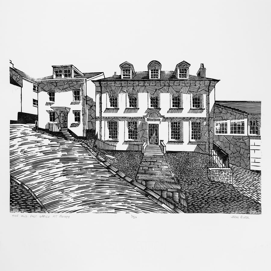 The Old Post Office at Fowey, limited edition lino print