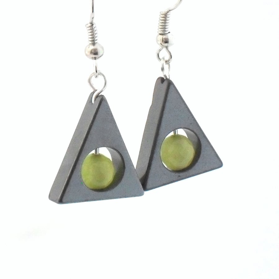 Triangular hematite & olive green peridot earrings