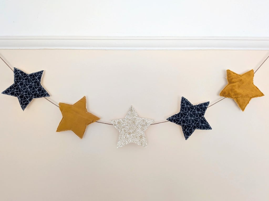 Navy, Mustard & Gold Star Fabric Bunting – Handmade Garland