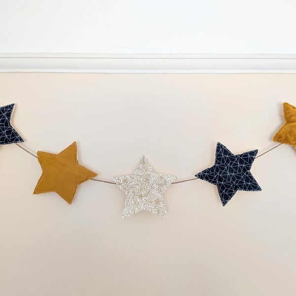 Navy, Mustard & Gold Star Fabric Bunting – Handmade Garland