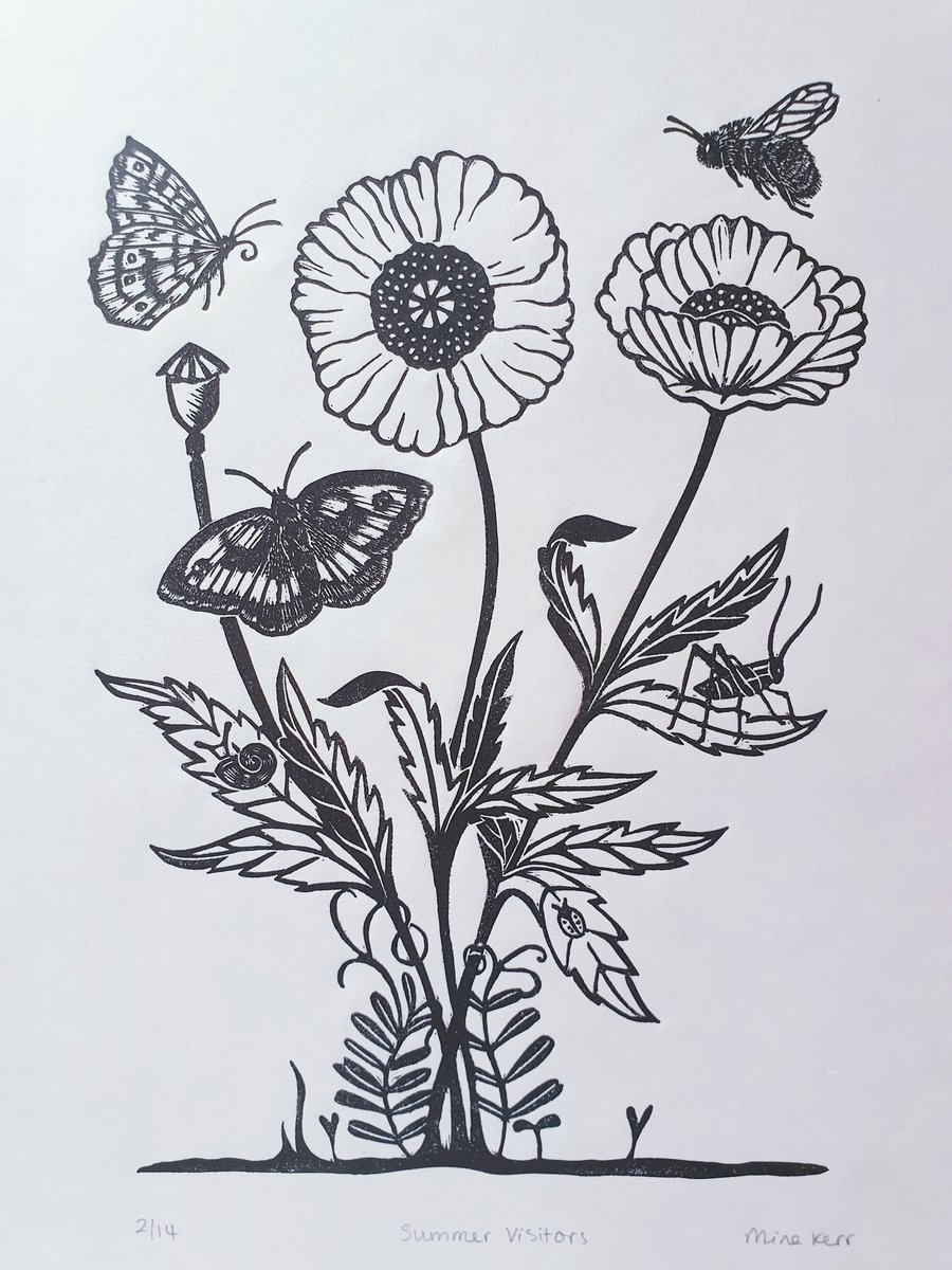 Summer Flowers and Insects Lino Print - 'Summer Visitors' Print 
