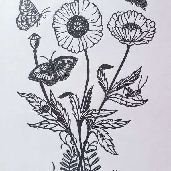 Summer Flowers and Insects Lino Print - 'Summer Visitors' Print 