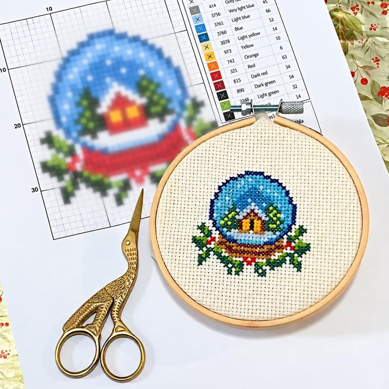 Simple Christmas Snow Globe Dome & Holly Counted Cross Stitch Pattern PDF Chart 