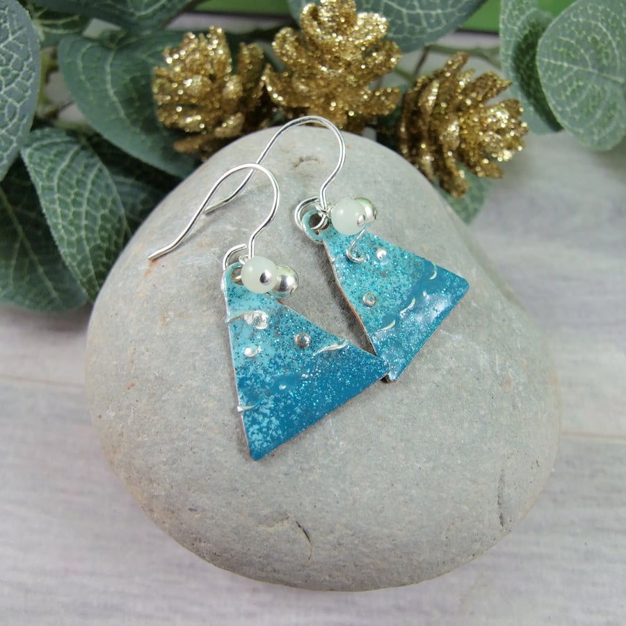 SECONDS SUNDAY - Christmas Earrings, Sterling Silver and Copper in Turquoise