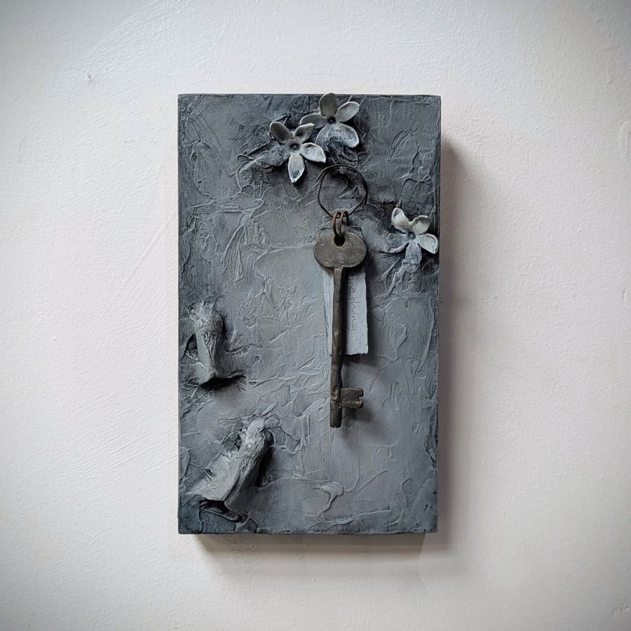 Fragments xxv - small, haunting, ethereal moth, key and flower sculpture