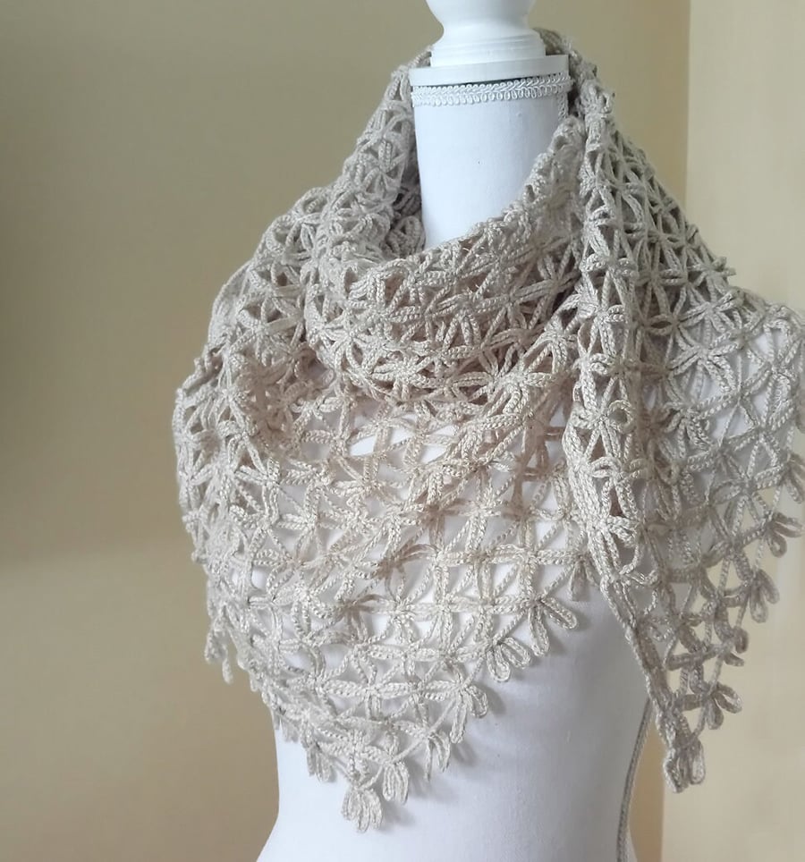 Beige casual spring triangle shawl-crochet shawl