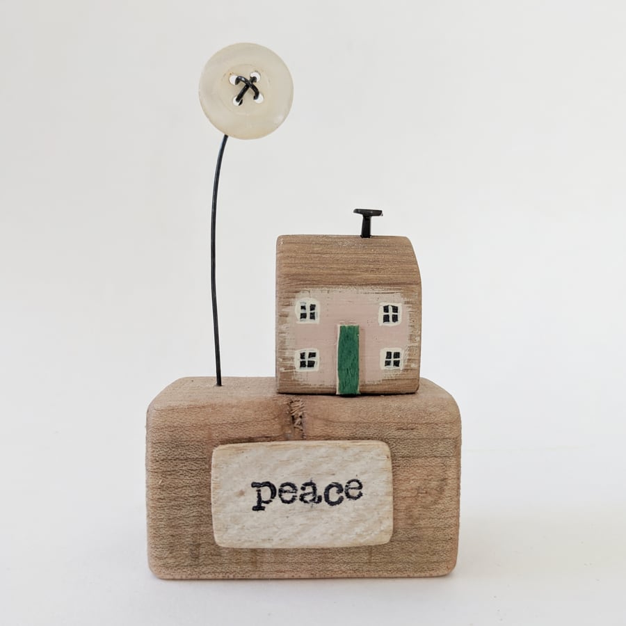 Little Wooden Christmas Cottage with Pearl Button Moon 'peace'