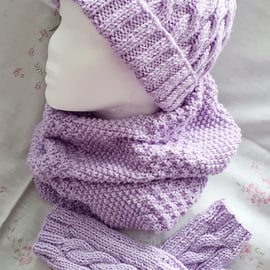 Lilac hand-knitted Aran Cable matching set, hat, cowl & fingerless mitts