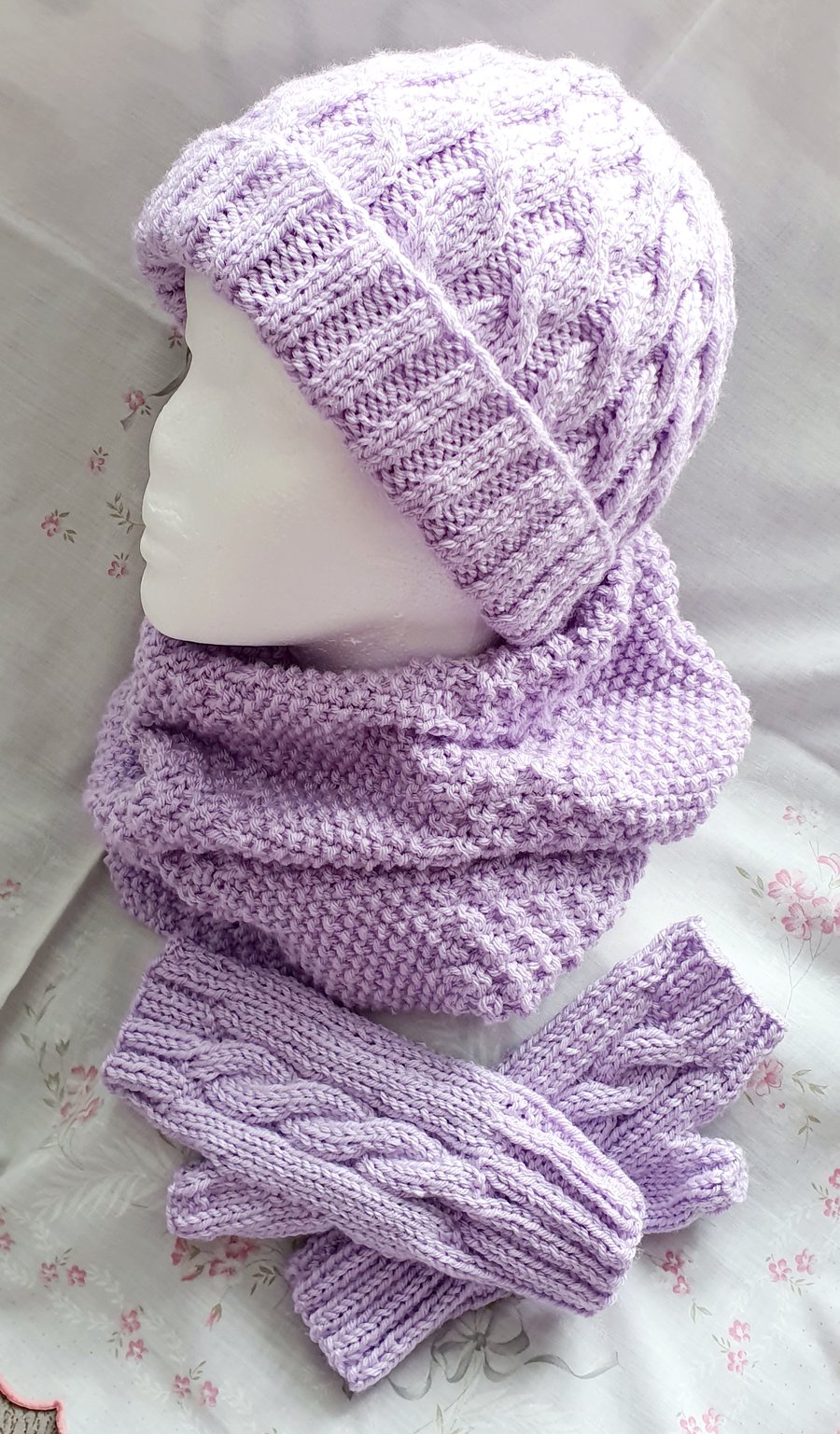 Lilac hand-knitted Aran Cable matching set, hat, cowl & fingerless mitts