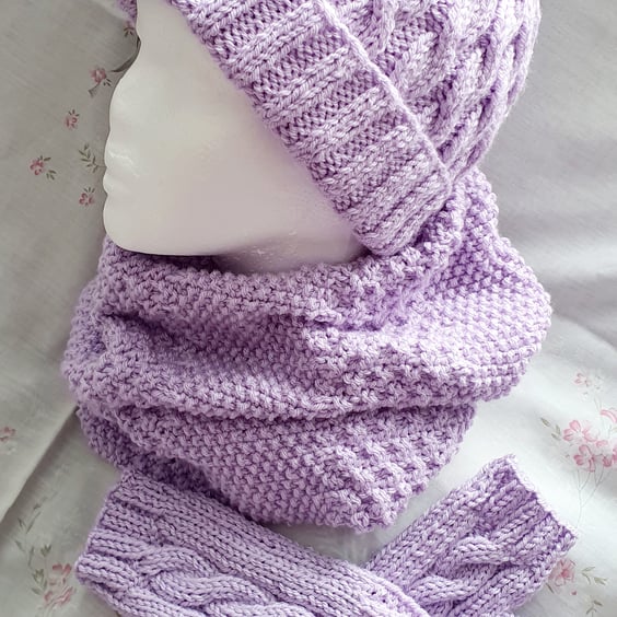 Lilac hand-knitted Aran Cable matching set, hat, cowl & fingerless mitts