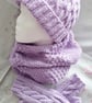 Lilac hand-knitted Aran Cable matching set, hat, cowl & fingerless mitts - Image 1