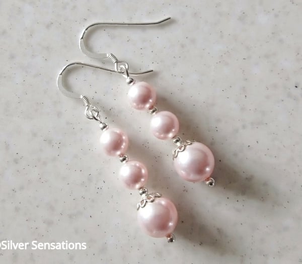Pastel Pink Pearl Wedding Earrings With Sterling Silver, Bridesmaids Gift