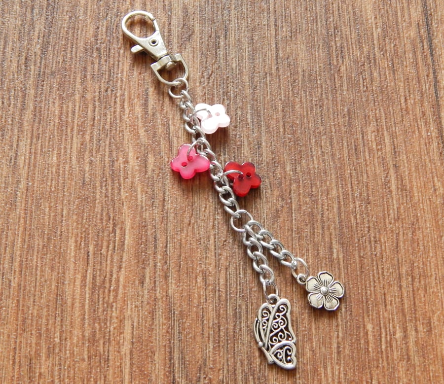 SALE Pink, Red Button Butterfly and Flower Charm Journal Bag Charm