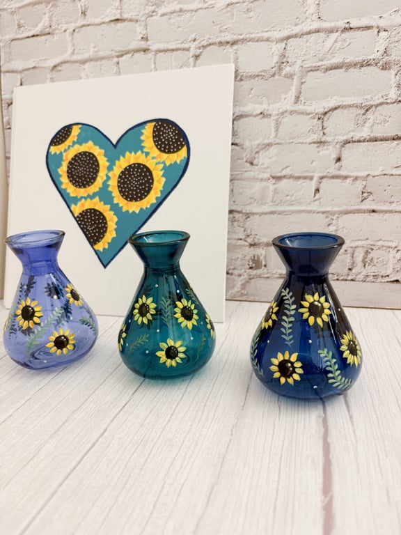 Small Blue Glass Vase Hand Painted With Sunflowers 