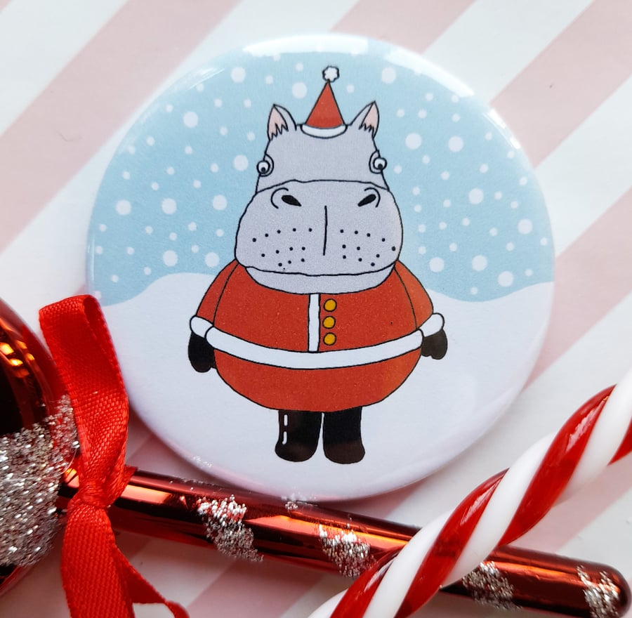  santa hippo christmas badge, handmade pin badge, santa badge, animal lover