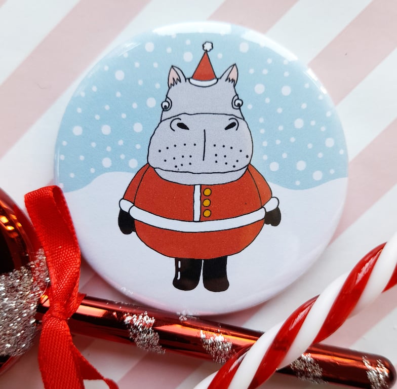 Handmade Santa Hippo Christmas Pin Badge 58mm - Cute Christmas Badge - Gift