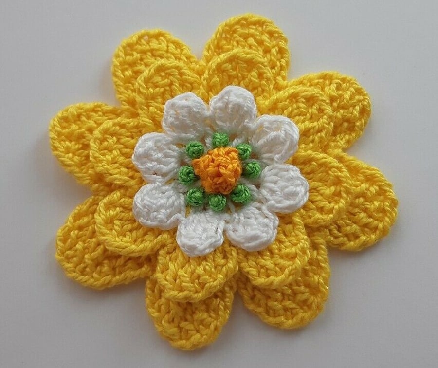 Yellow Large Crochet Flower- Crafts- Applique- Embellishments