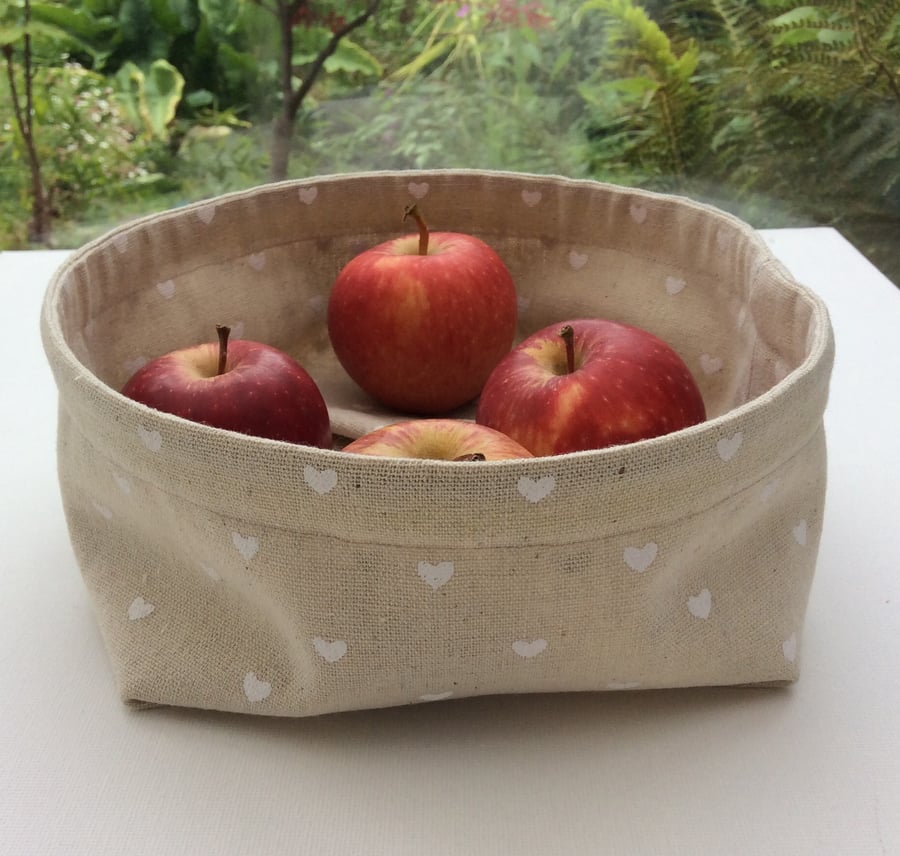 Fabric bowl, basket, multi purpose storage, beige, small white hearts.