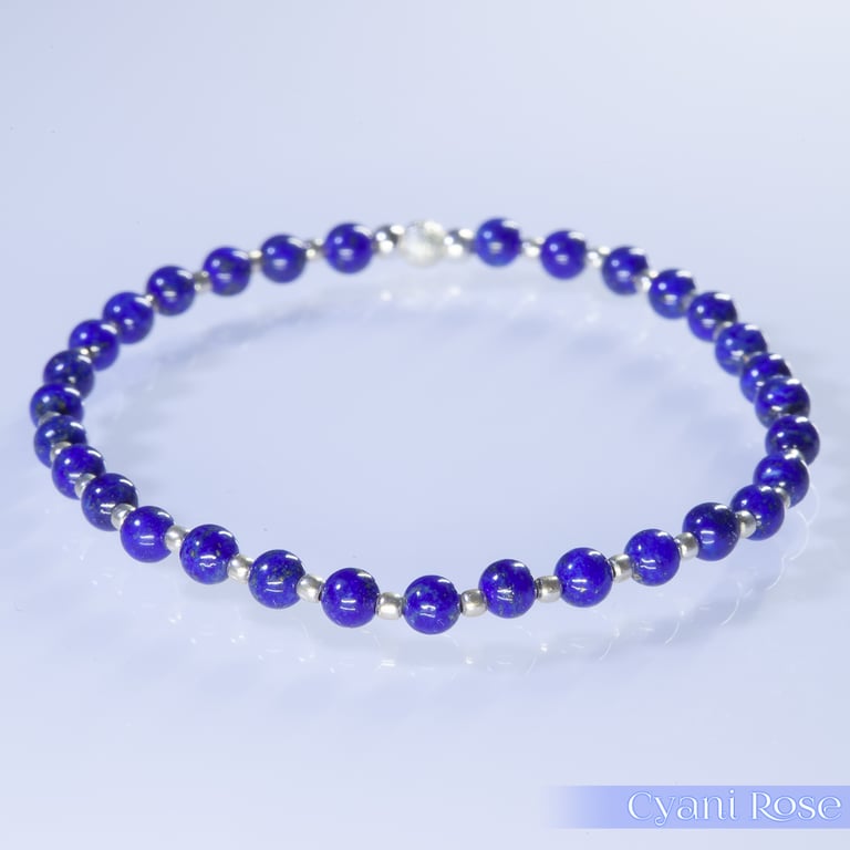 Bracelet Lapis lazuli gemstone and sterling silver stretchy handmade