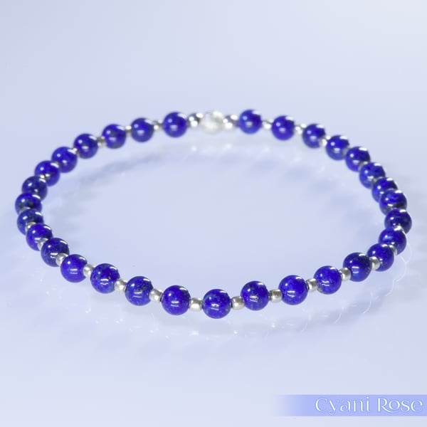 Bracelet Lapis lazuli gemstone and sterling silver stretchy handmade