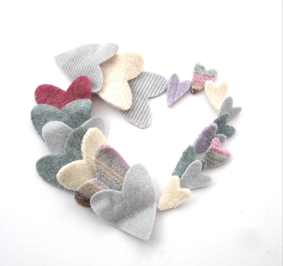 Pastel felt heart shapes made from old recycled wool sweaters
