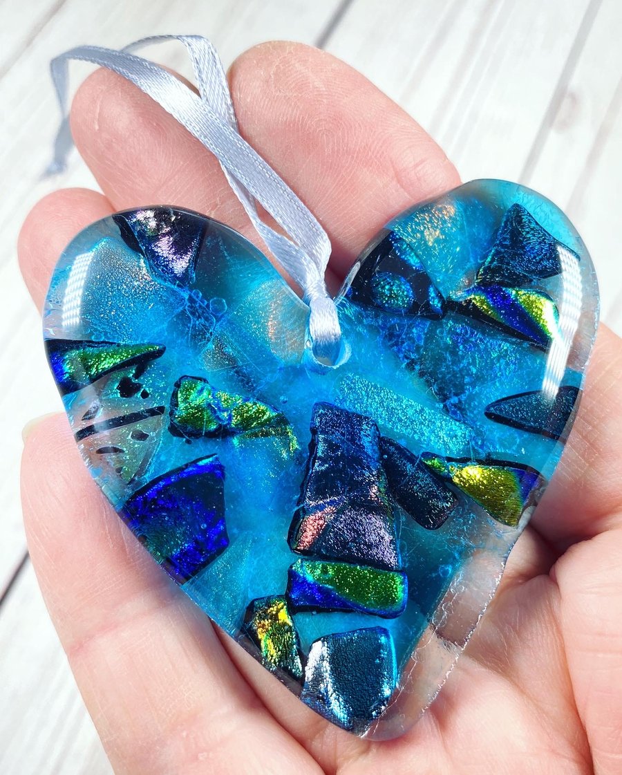Fused glass hanging heart in a gift box 