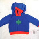 Little Star Child's Blue Hooded Jumper with Red Trim and Green Star, Baby Gift