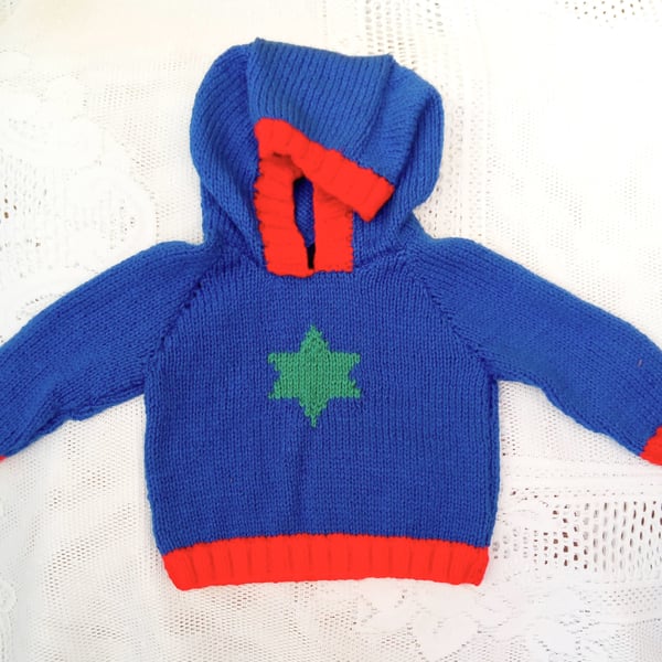 Little Star Child's Blue Hooded Jumper with Red Trim and Green Star, Baby Gift