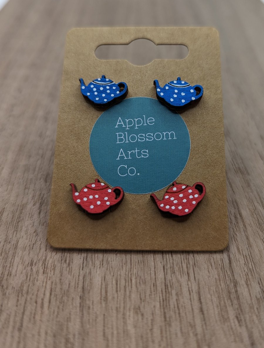 Teapot wooden stud earrings - hypoallergenic stainless steel