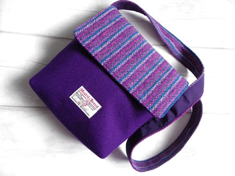 'Harris Tweed®' Bag in Deep Purple with Striped Flap and Strap