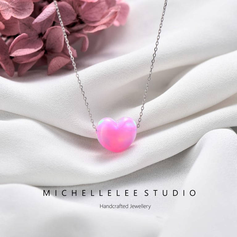 Pink Heart Opal Necklace With 925 Sterling Silver Chain