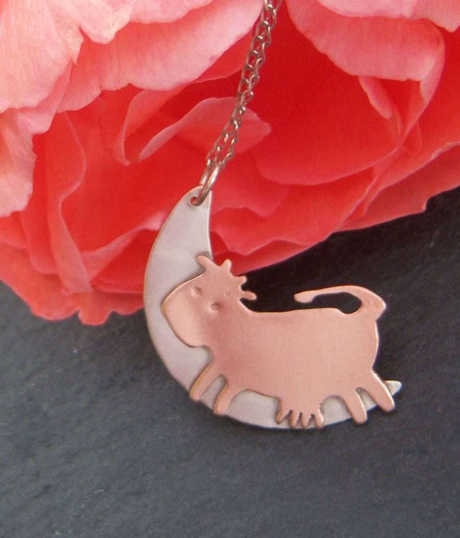 Cow & moon pendant in sterling silver and copper