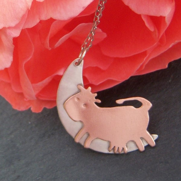 Seconds Sunday Cow & moon pendant in sterling silver and copper