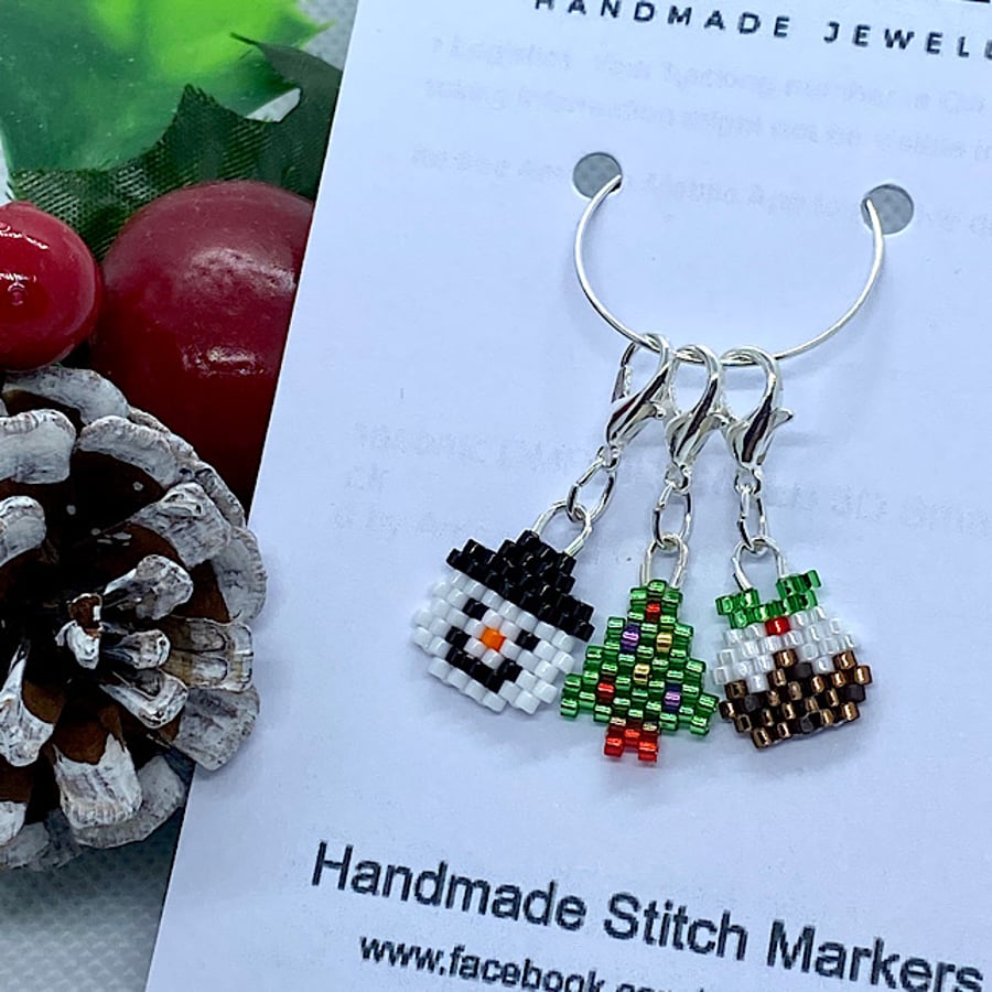 Set of 3 Handmade Mini Stitch Markers, Charms, Christmas Theme,