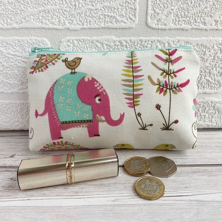 SOLD - Large purse, coin purse with pink elephant and little brown bird
