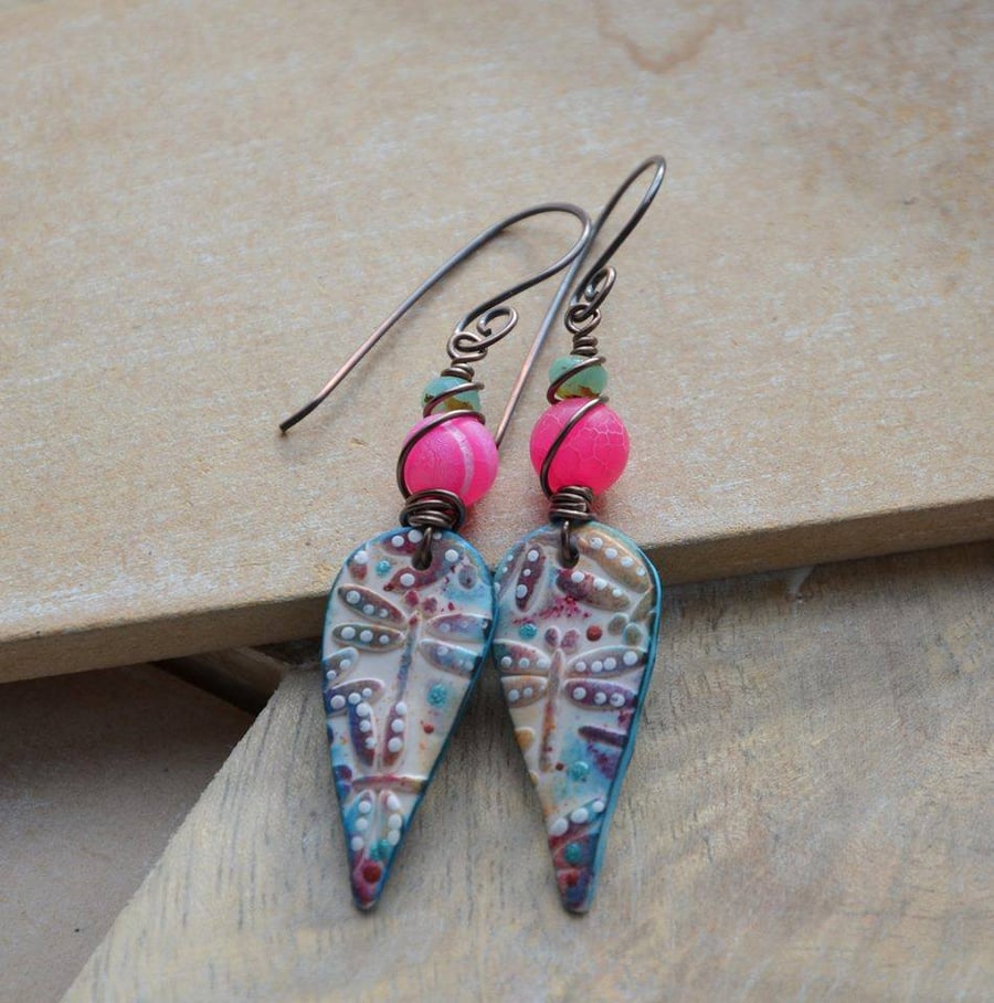 Earrings with Polymer Clay Dragonfly Charms, Pink Agate & Czech Beads