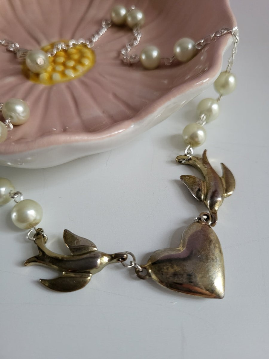 Love Birds Bib Necklace with Faux Pearl Details. Upcycled Jewellery