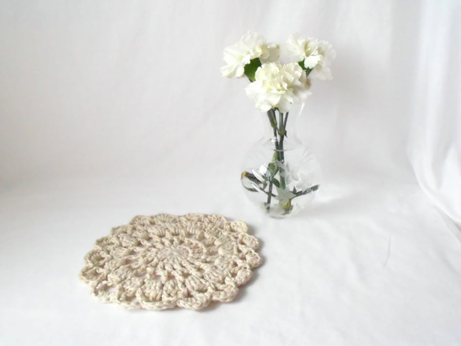 cream crocheted cotton mandala, decorative doily for under a vase, lamp, candle 