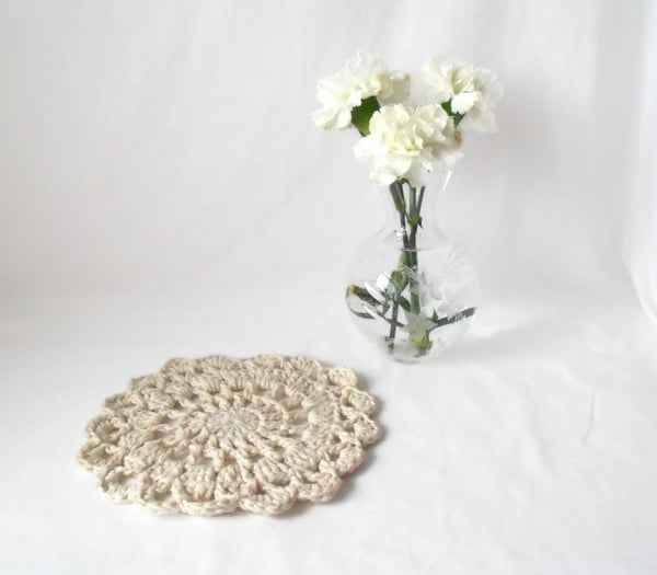 cream crocheted cotton mandala, decorative doily for under a vase, lamp, candle 