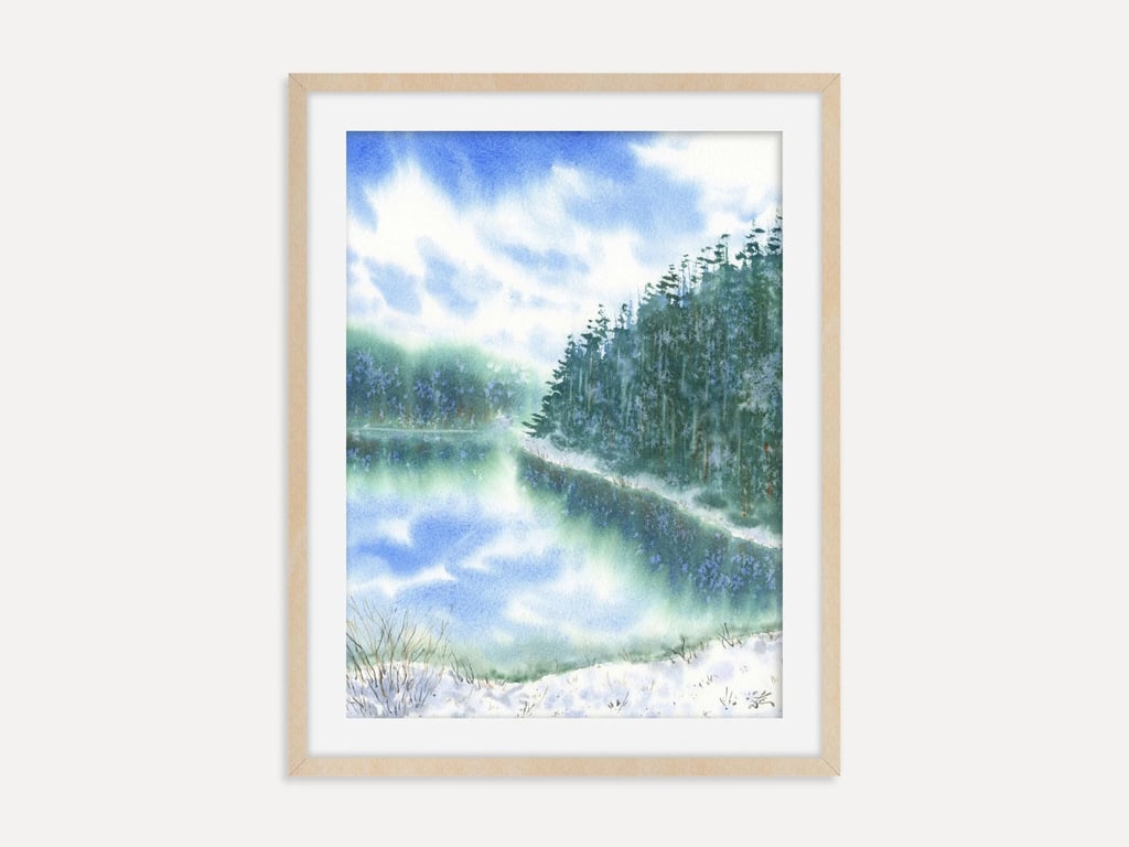 Snowy Lake with Pine Trees Art Print, Winter Landscape Wall Art, Mountain Lake