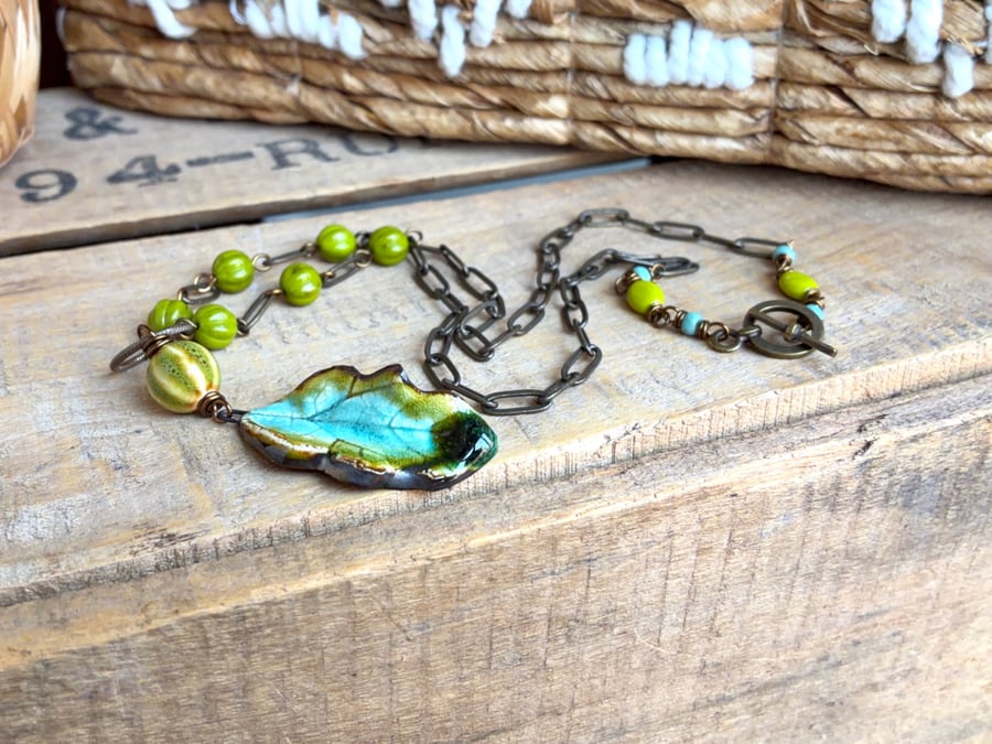 Handmade Turquoise and Lime Ceramic Leaf Necklace with Antique Brass Chain