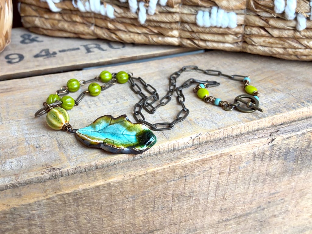 Handmade Turquoise and Lime Ceramic Leaf Necklace with Antique Brass Chain