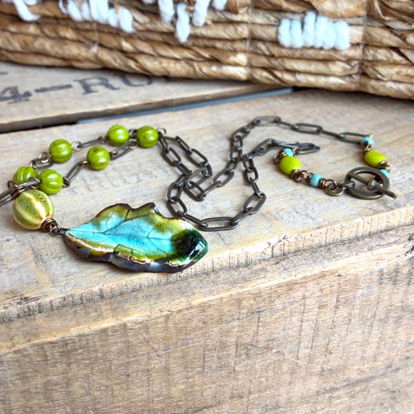 Handmade Turquoise and Lime Ceramic Leaf Necklace with Antique Brass Chain