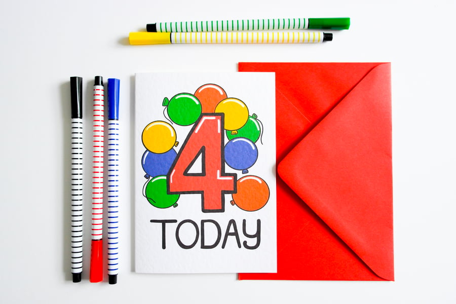 4 Four Today Birthday Card for Boy or Girl with bright colourful balloons