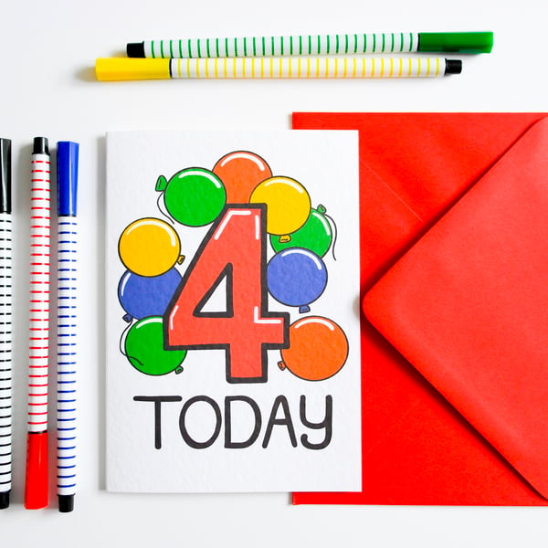 4 Four Today Birthday Card for Boy or Girl with bright colourful balloons